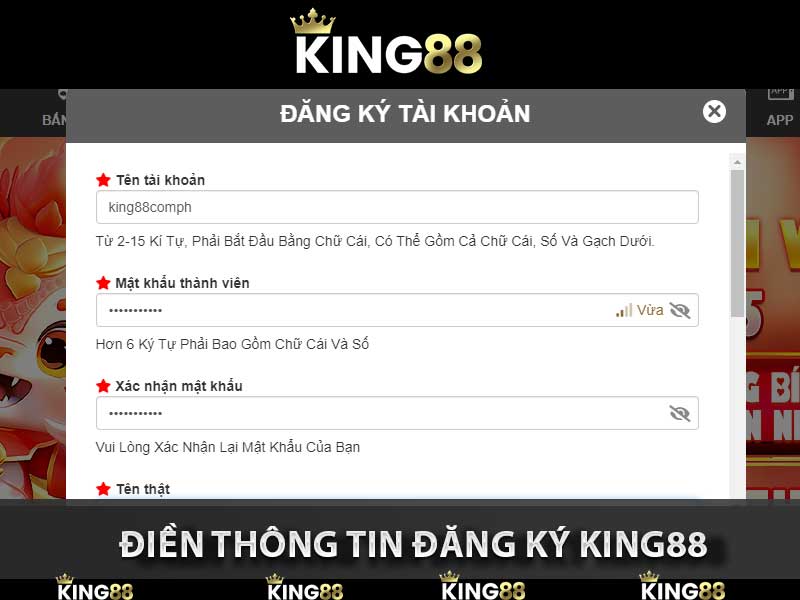 điền thông tin đăng ký king88